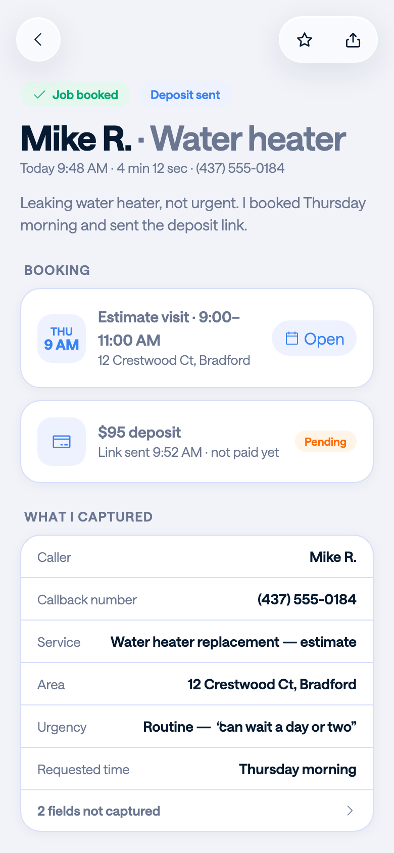 Foyen sample call detail showing the request, appointment, pending deposit and captured caller information