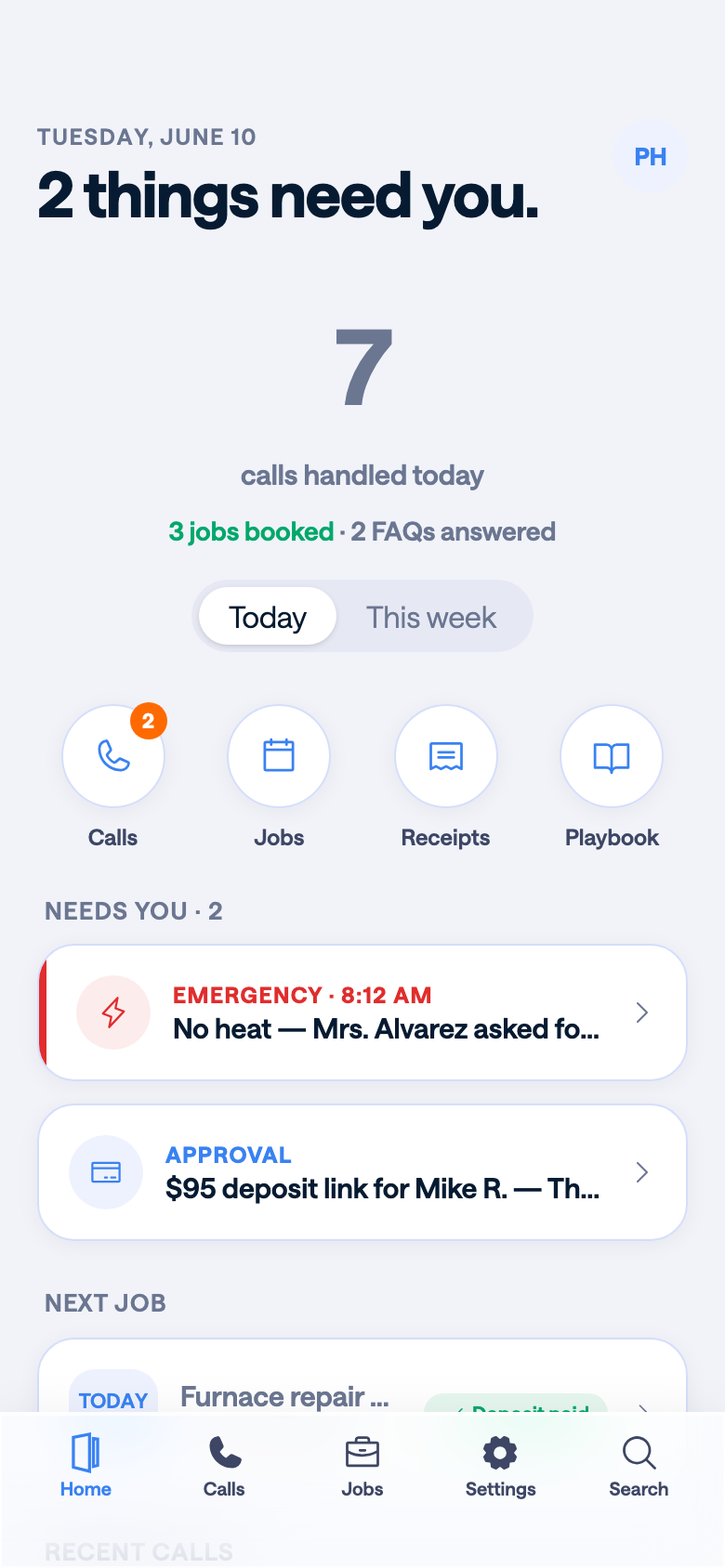 Foyen mobile demo showing two items needing attention above calls, jobs, receipts and the playbook