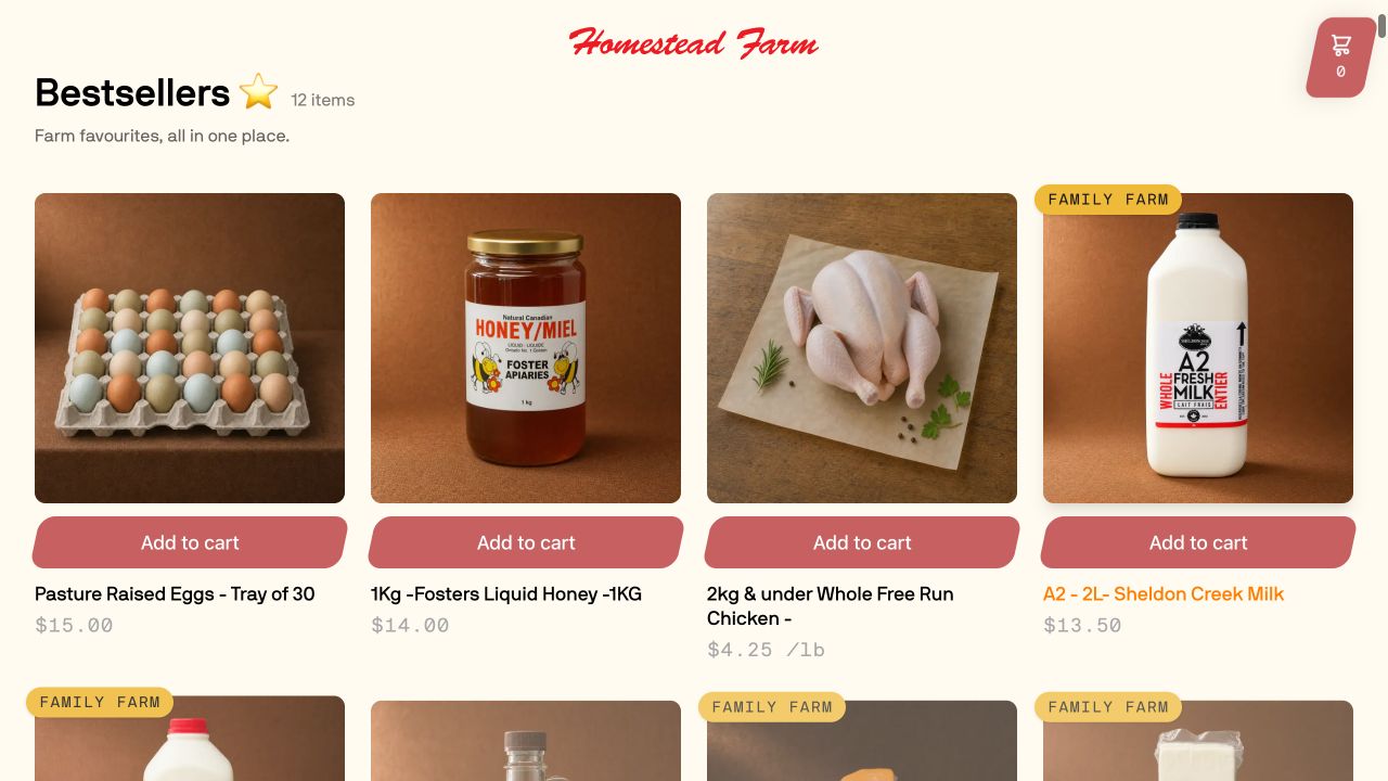 Homestead’s live catalogue with egg trays, honey, chicken priced per pound and milk