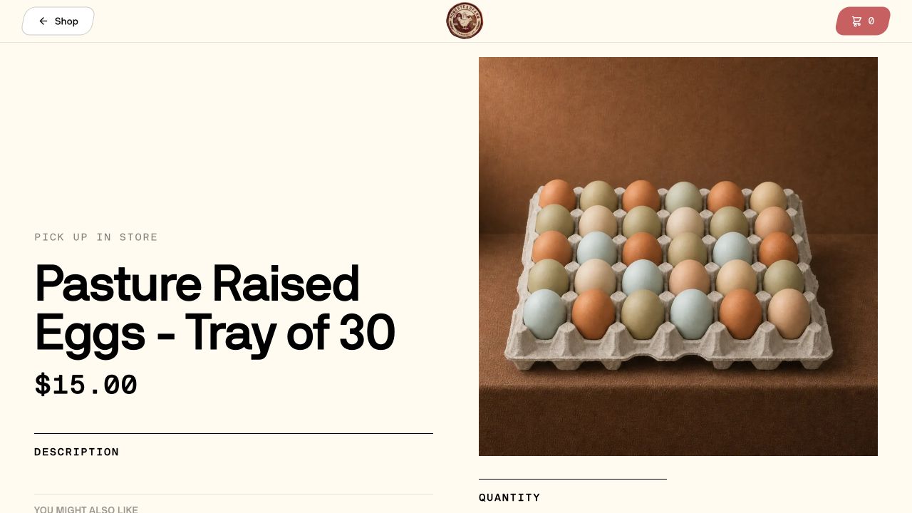 The product page for a tray of 30 pasture-raised eggs